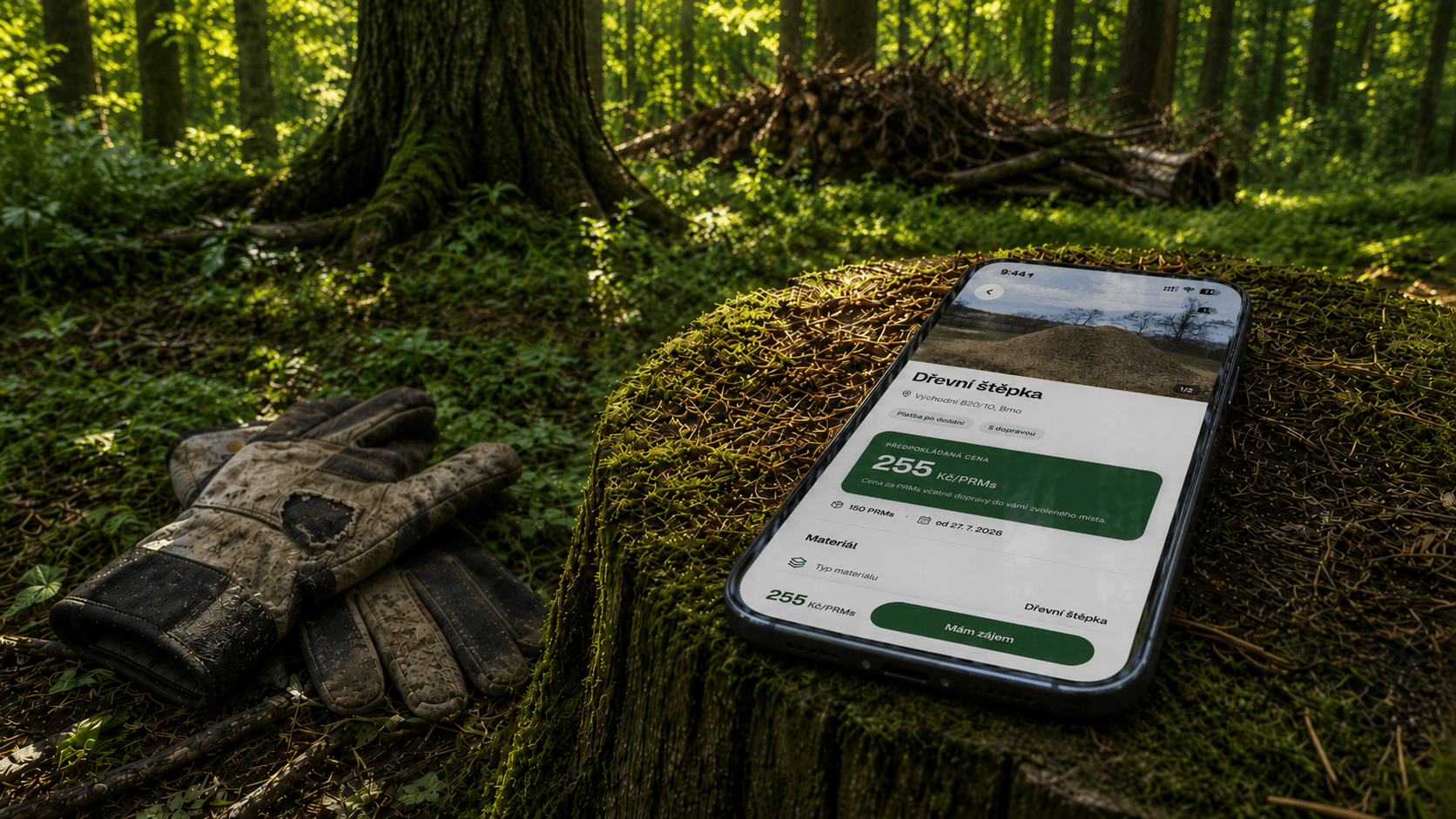 Telefon s aplikací biomaxa. v lese — detail nabídky dřevní štěpky s cenou a množstvím
