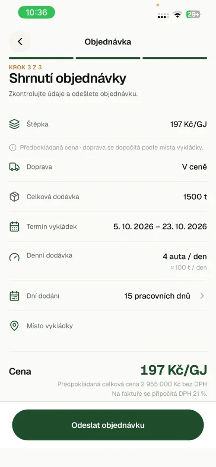 Shrnutí objednávky materiálu před odesláním
