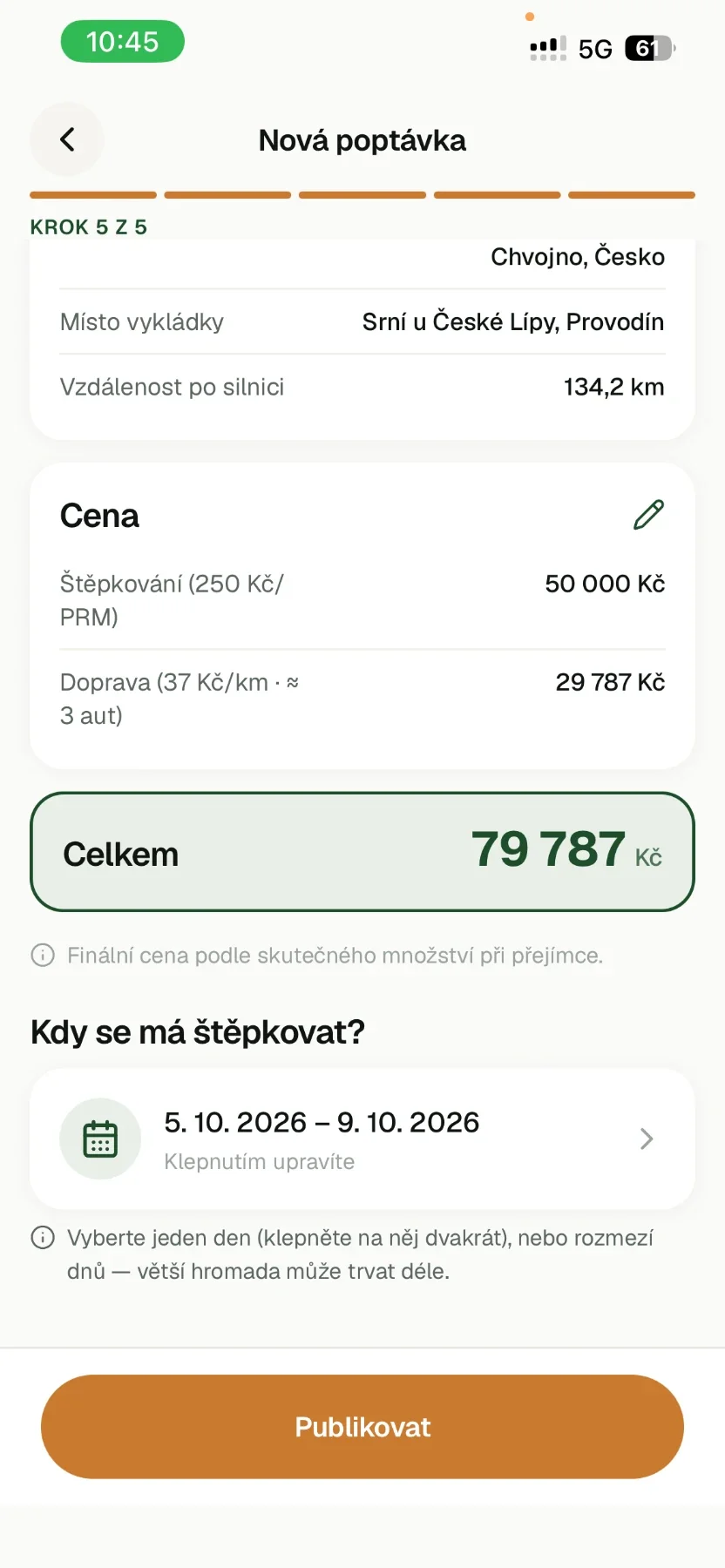 Souhrn poptávky služby s nabízenou cenou a termínem