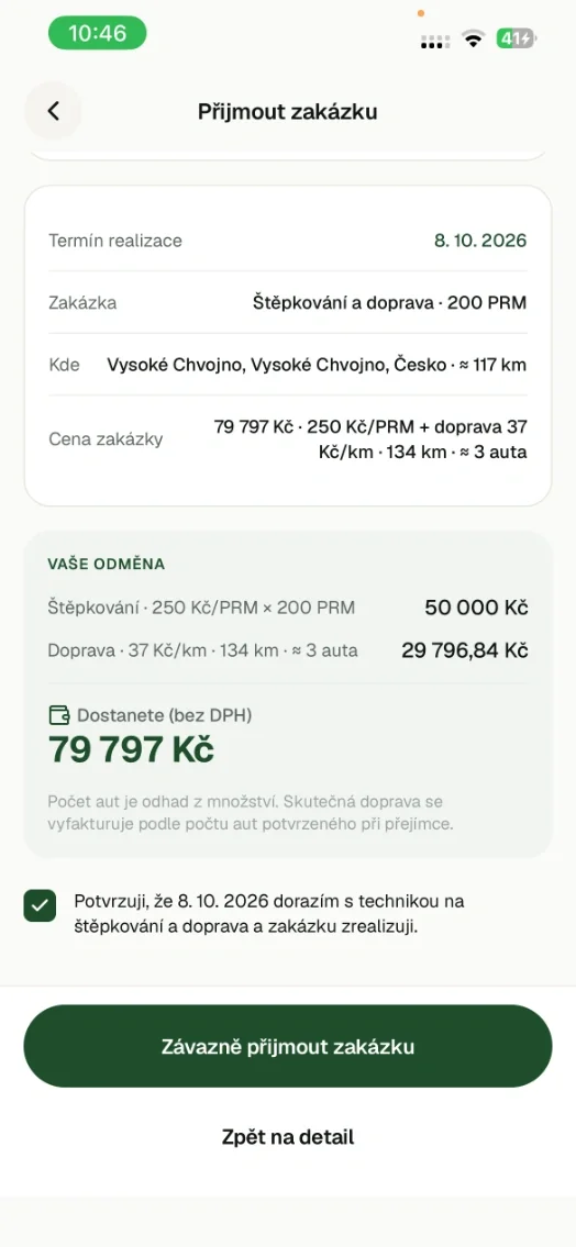 Obrazovka aplikace biomaxa: podmínky zakázky, cena a termín před přijetím
