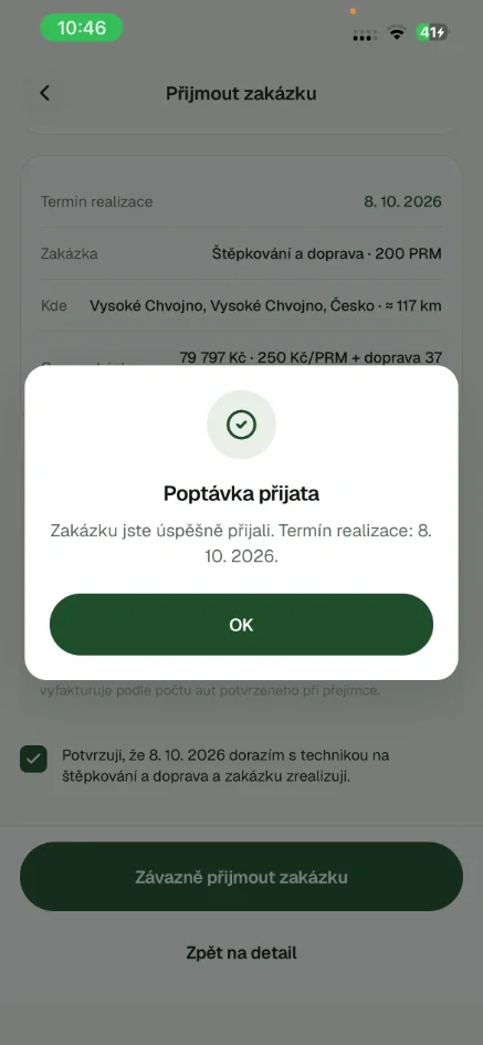 Obrazovka aplikace biomaxa: potvrzení přijaté zakázky s termínem realizace