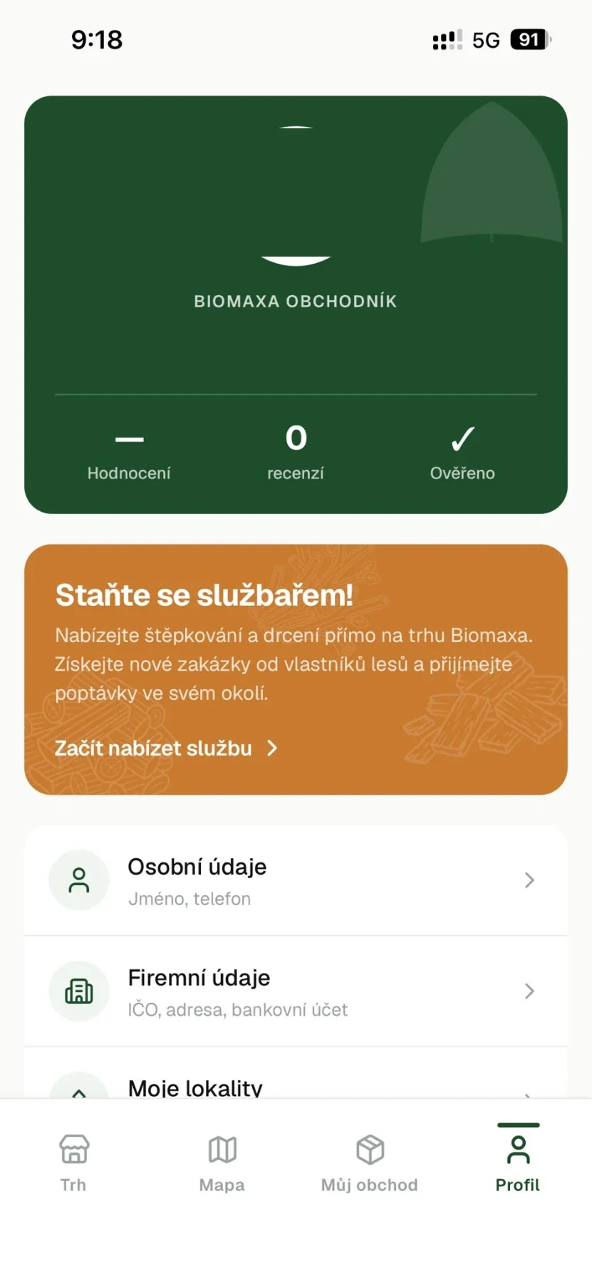 Obrazovka aplikace biomaxa: aktivace profilu službaře v sekci Profil