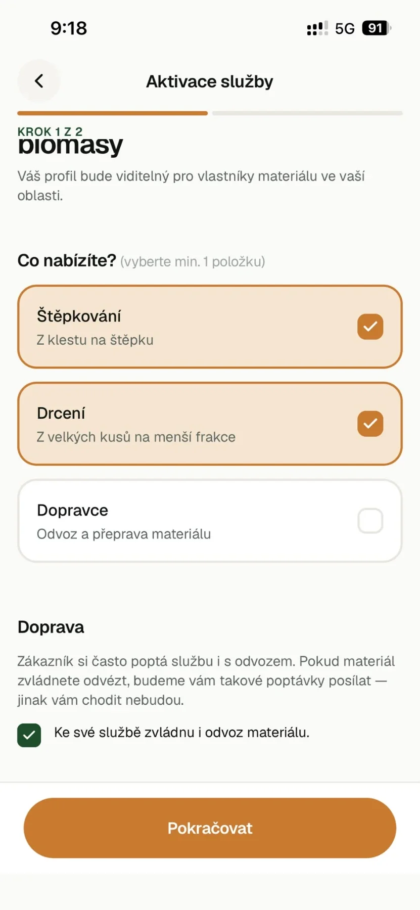 Obrazovka aplikace biomaxa: výběr nabízených služeb v profilu službaře