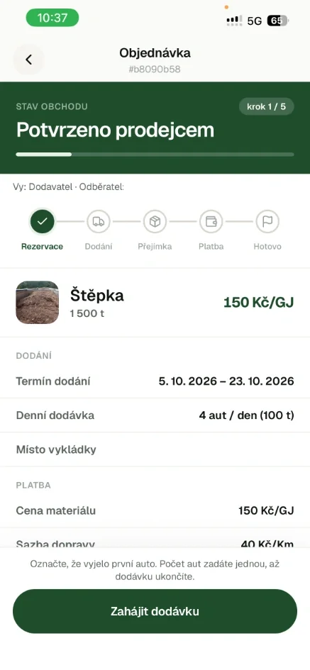 Obrazovka aplikace biomaxa: potvrzený obchod a tlačítko Zahájit dodávku