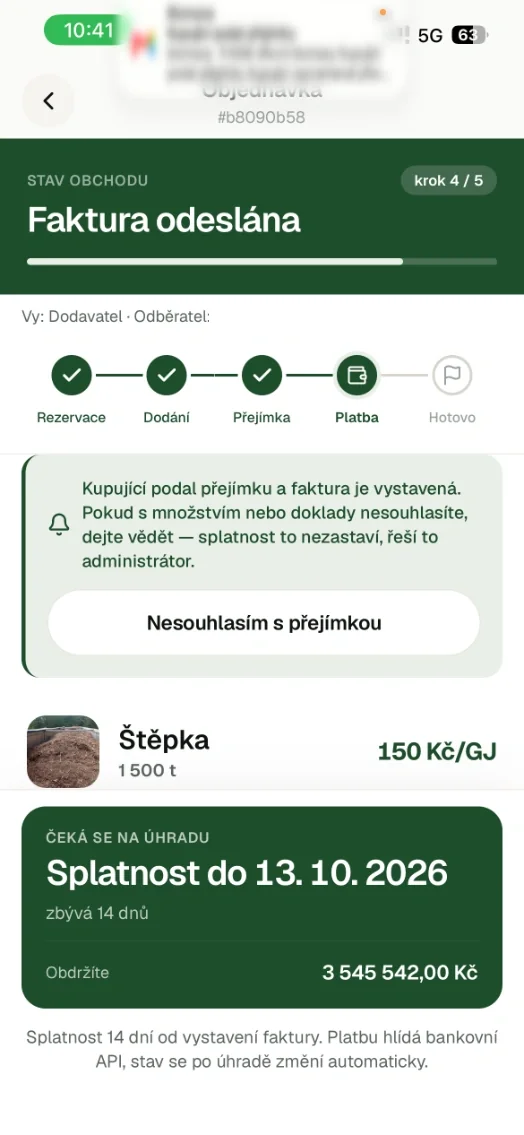 Obrazovka aplikace biomaxa: stav obchodu po přejímce se splatností faktury