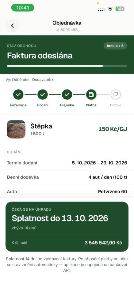 Faktura a stav platby u konkrétního obchodu v aplikaci