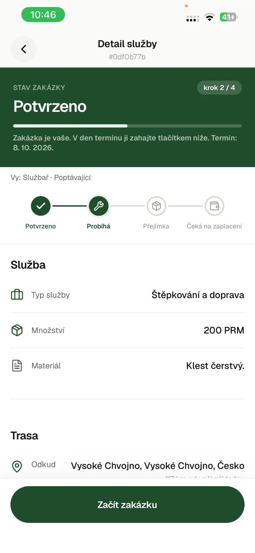 Obrazovka aplikace biomaxa: detail služby s tlačítkem Začít zakázku