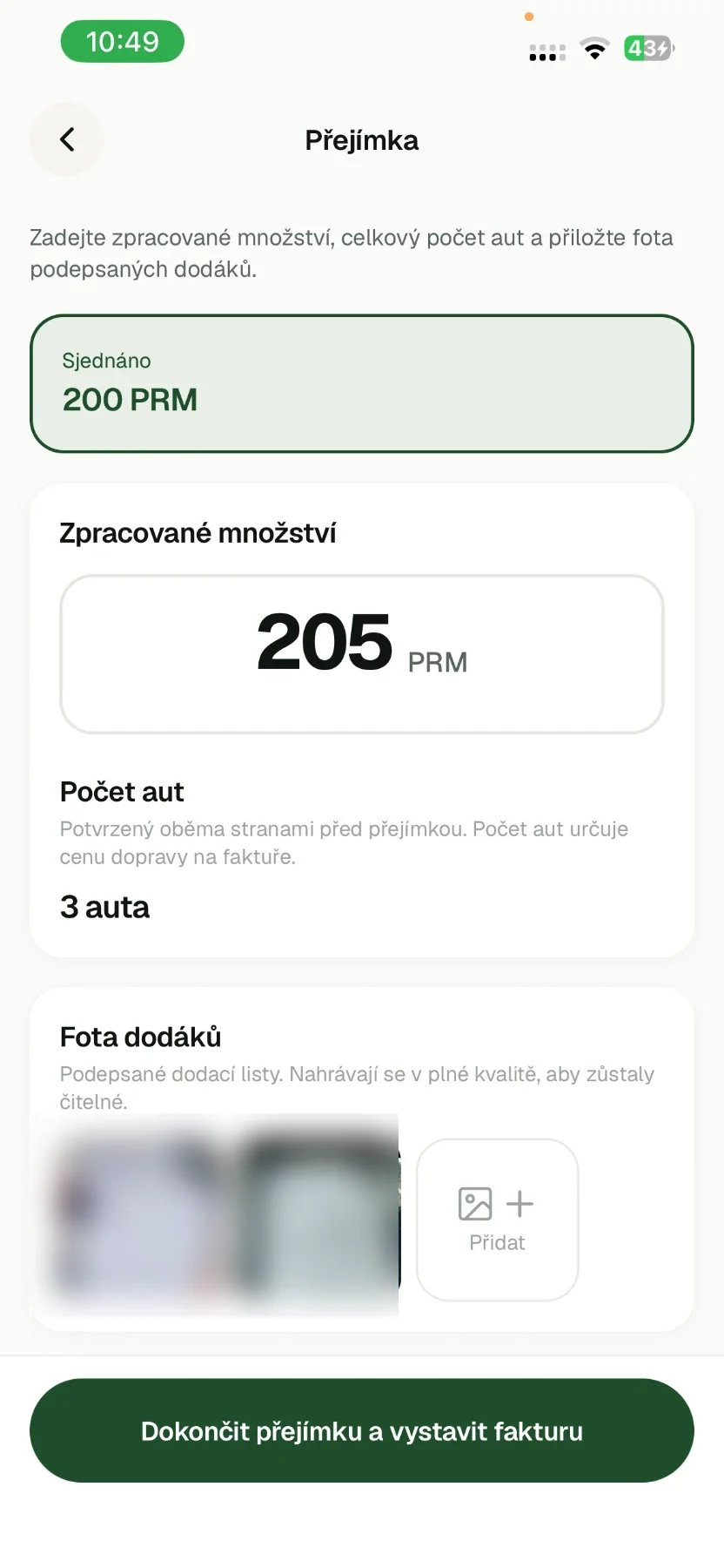Obrazovka aplikace biomaxa: přejímka se zpracovaným množstvím a počtem aut
