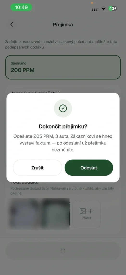 Potvrzení dokončení přejímky služby s vystavením faktury