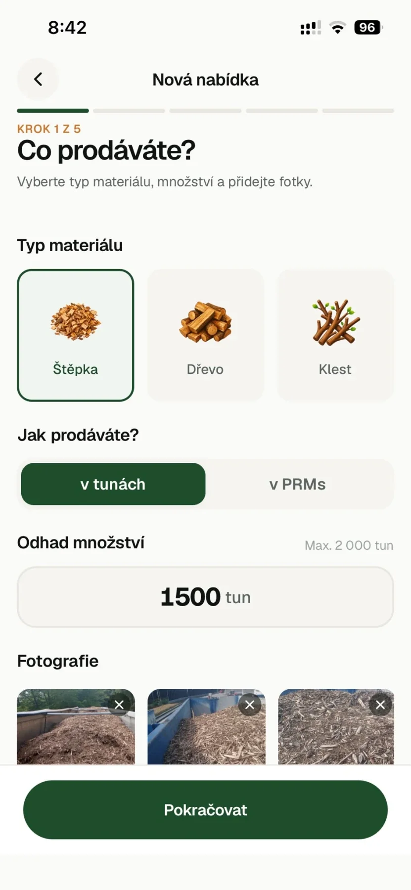 Obrazovka aplikace biomaxa: výběr typu materiálu při tvorbě nabídky