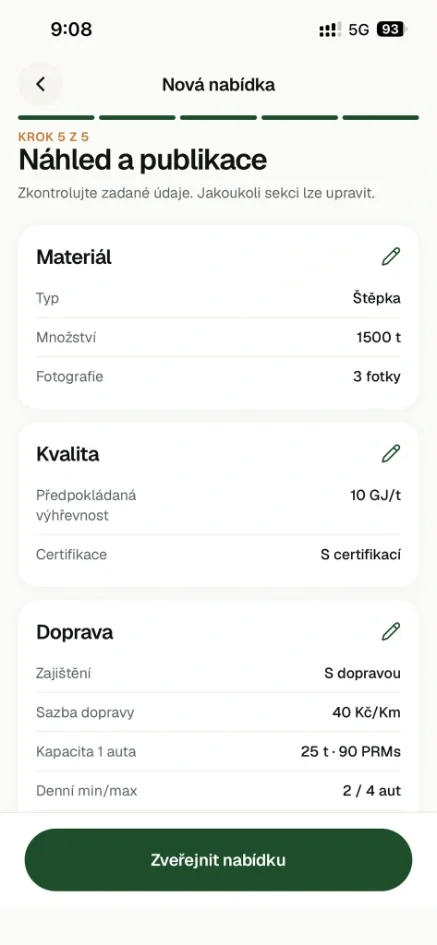 Kontrola a zveřejnění nabídky materiálu v aplikaci
