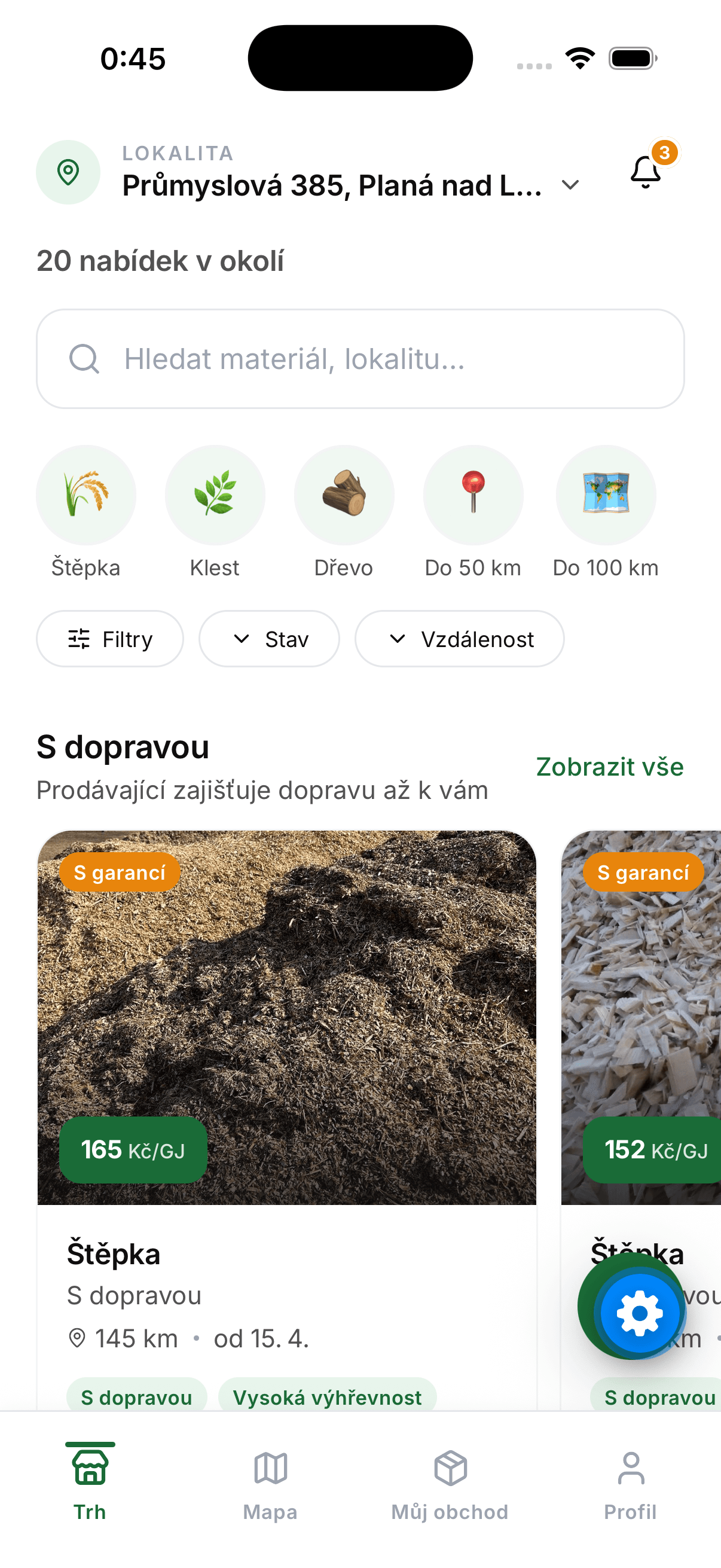 Domovská obrazovka aplikace Biomaxa — přehled trhu