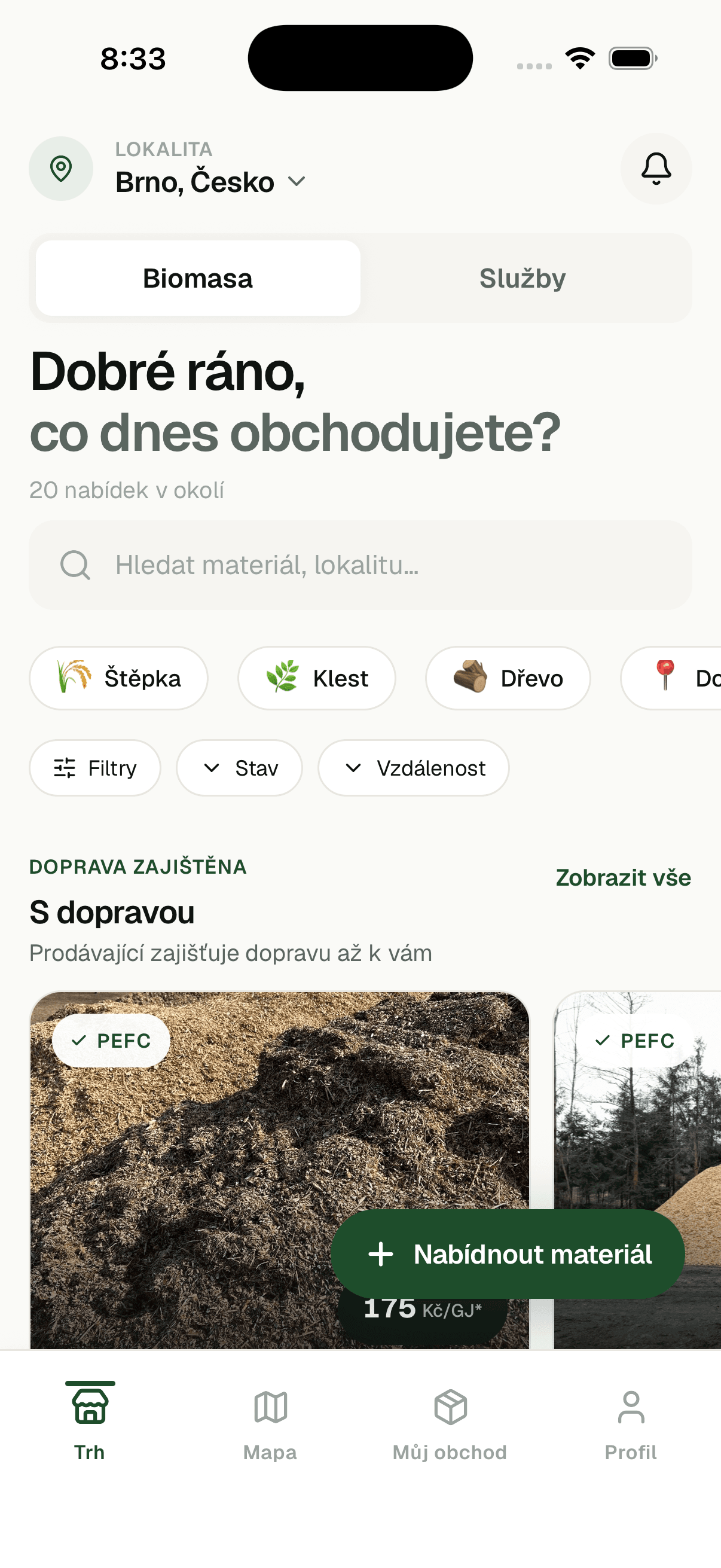 Domovská obrazovka aplikace Biomaxa — přehled trhu