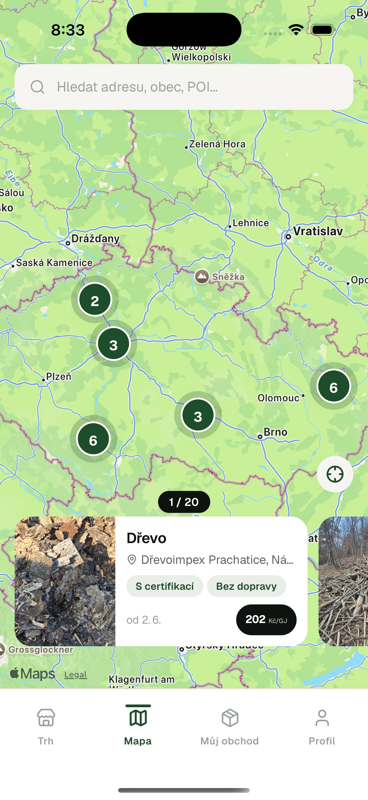 Mapa s aktivními nabídkami biomasy v okolí