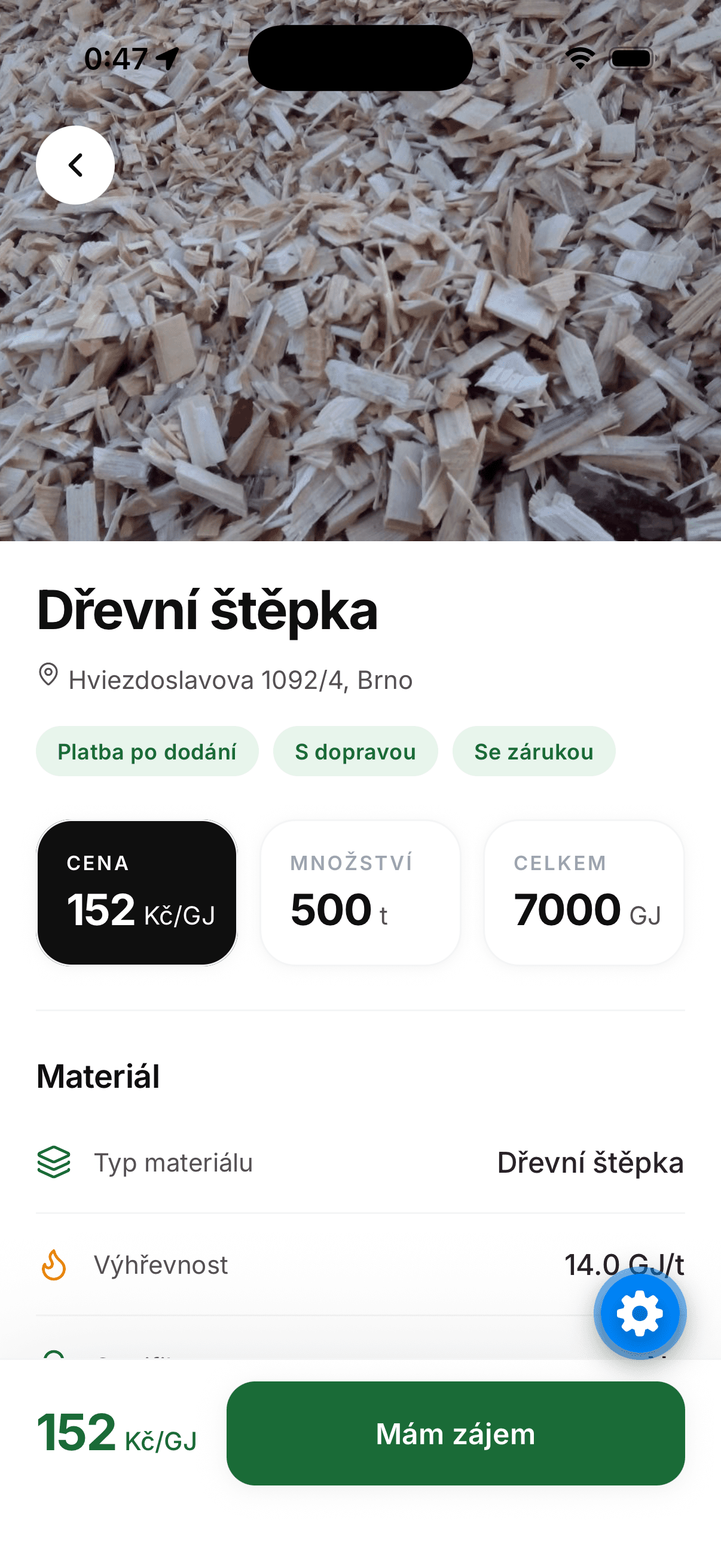 Detail nabídky s cenou a parametry materiálu