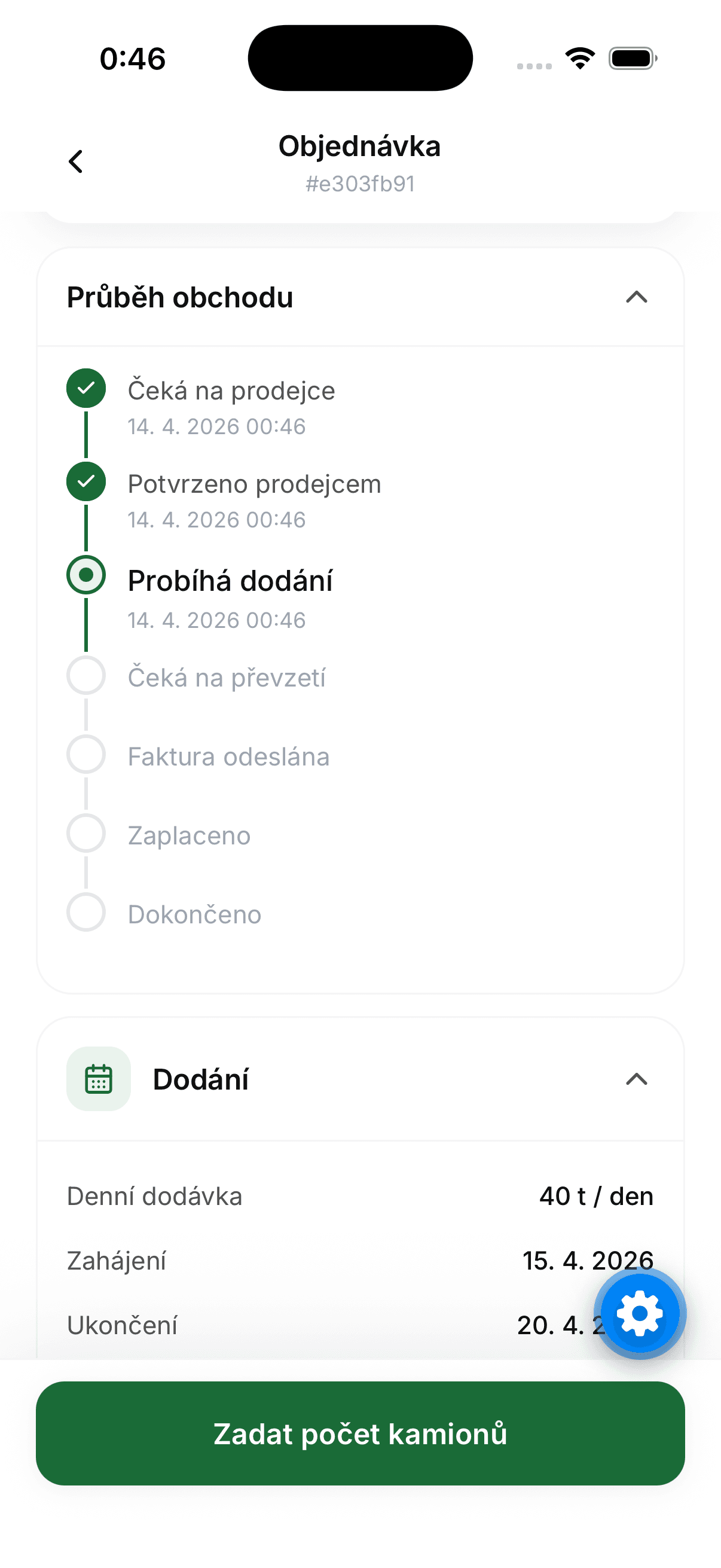 Obrazovka aplikace biomaxa: průběh obchodu po přijetí objednávky