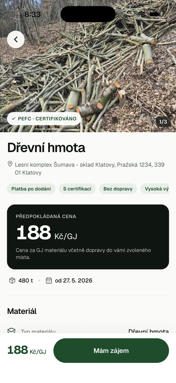Detail nabídky v aplikaci: materiál, místo nakládky, cena a množství