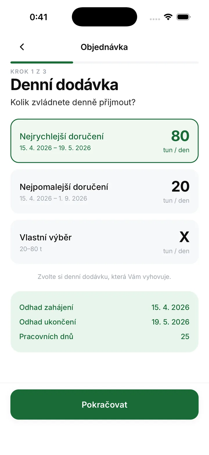 Vytvoření objednávky v aplikaci: výběr denní dodávky